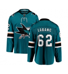 San Jose Sharks #62 Kevin Labanc Fanatics Branded Teal Green Home Breakaway NHL Jersey