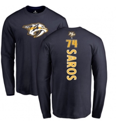 Nashville Predators #74 Juuse Saros Navy Blue Backer Long Sleeve T-Shirt