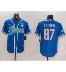 Detroit Lions #87 Sam LaPorta Blue With 90th Anniversary Cool Base Stitched Baseball Jersey