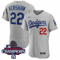 Los Angeles Dodgers Clayton Kershaw #22 Gray Flex Base 2024 World Series Champions Stitched MLB Jersey