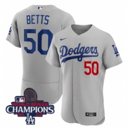 Los Angeles Dodgers Mookie Betts #50 Gray Flex Base 2024 World Series Champions Stitched MLB Jersey II