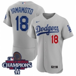 Los Angeles Dodgers Yoshinobu Yamamoto #18 Gray Flex Base 2024 World Series Champions Stitched MLB Jersey