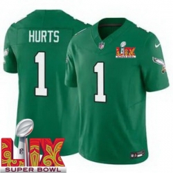 Philadelphia Eagles Jalen Hurts #1 Kelly Green 2024 2025 Super Bowl LIX F U S E Stitched NFL Jersey
