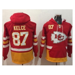 Kansas City Chiefs #87 Travis Kelce Red Gold Name & Number Pullover NFL Hoodie