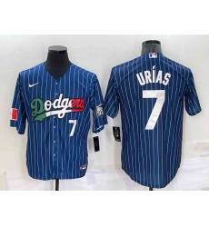 Los Angeles Dodgers #7 Julio Urias Number Navy Blue Pinstripe 2020 World Series Cool Base Nike Jersey