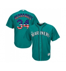 Seattle Mariners #34 Felix Hernandez Authentic Teal Green USA Flag Fashion Baseball Jersey