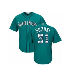 Seattle Mariners #51 Ichiro Suzuki Authentic Teal Green Team Logo Fashion Cool Base MLB Jersey