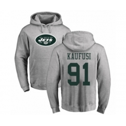 New York Jets #91 Bronson Kaufusi Ash Name & Number Logo Pullover Hoodie