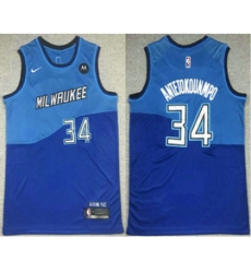 Milwaukee Bucks #34 Giannis AntetokounmpoBlue 2021 Nike City Edition Swingman Jersey With NEW Sponsor Logo