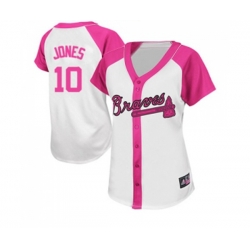 Womens Atlanta Braves #10 Chipper Jones Authentic White Pink Splash Fashion Baseball Jersey