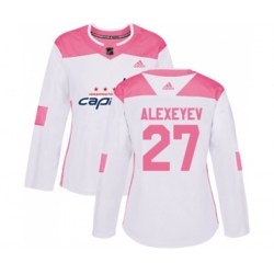 Women Washington Capitals #27 Alexander Alexeyev Authentic White Pink Fashion NHL Jersey