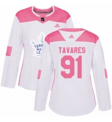 Women Toronto Maple Leafs #91 John Tavares Authentic White Pink Fashion NHL Jersey