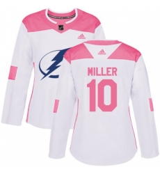 Women Tampa Bay Lightning #10 J.T. Miller Authentic White Pink Fashion NHL Jersey