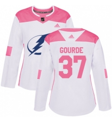 Women Tampa Bay Lightning #37 Yanni Gourde Authentic White Pink Fashion NHL Jersey