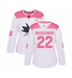 Women San Jose Sharks #22 Jonny Brodzinski Authentic White Pink Fashion Hockey Jersey