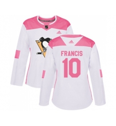 Women Adidas Pittsburgh Penguins #10 Ron Francis Authentic White Pink Fashion NHL Jersey