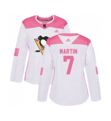 Women Adidas Pittsburgh Penguins #7 Paul Martin Authentic White Pink Fashion NHL Jersey