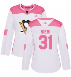 Women Pittsburgh Penguins #31 Antti Niemi Authentic White Pink Fashion NHL Jersey