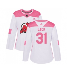 Women New Jersey Devils #31 Eddie Lack Authentic White Pink Fashion Hockey Jersey