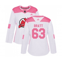 Women New Jersey Devils #63 Jesper Bratt Authentic White Pink Fashion Hockey Jersey Women New Jersey Devils #63 Jesper Bratt Authentic White Pink Fashion Hockey Jersey