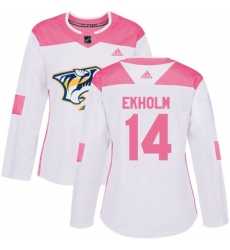 Women Nashville Predators #14 Mattias Ekholm Authentic White Pink Fashion NHL Jersey