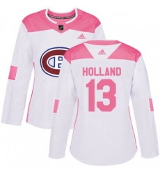 Women Montreal Canadiens #13 Peter Holland Authentic White Pink Fashion NHL Jersey