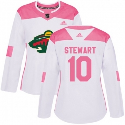 Womens Minnesota Wild #10 Chris Stewart Authentic White Pink Fashion NHL Jersey