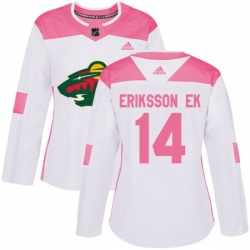 Womens Minnesota Wild #14 Joel Eriksson Ek Authentic White Pink Fashion NHL Jersey