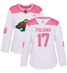 Womens Minnesota Wild #17 Marcus Foligno Authentic White Pink Fashion NHL Jersey
