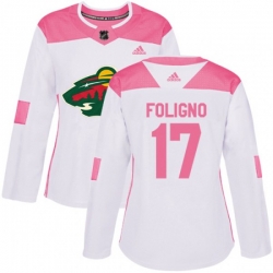 Womens Minnesota Wild #17 Marcus Foligno Authentic White Pink Fashion NHL Jersey