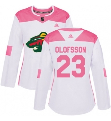 Womens Minnesota Wild #23 Gustav Olofsson Authentic White Pink Fashion NHL Jersey