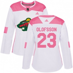 Womens Minnesota Wild #23 Gustav Olofsson Authentic White Pink Fashion NHL Jersey