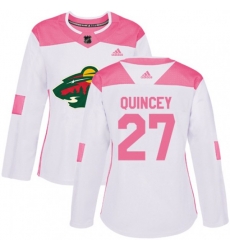 Womens Minnesota Wild #27 Kyle Quincey Authentic White Pink Fashion NHL Jersey