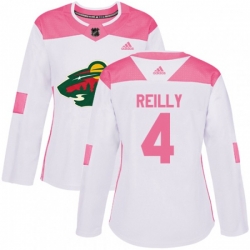 Womens Minnesota Wild #4 Mike Reilly Authentic White Pink Fashion NHL Jersey