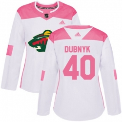 Womens Minnesota Wild #40 Devan Dubnyk Authentic White Pink Fashion NHL Jersey