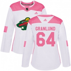 Womens Minnesota Wild #64 Mikael Granlund Authentic White Pink Fashion NHL Jersey