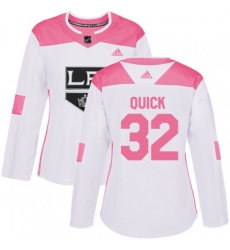 Womens Los Angeles Kings #32 Jonathan Quick Authentic White Pink Fashion NHL Jersey