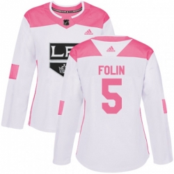 Womens Los Angeles Kings #5 Christian Folin Authentic White Pink Fashion NHL Jersey