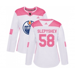 Women Edmonton Oilers #58 Anton Slepyshev Authentic White Pink Fashion NHL Jersey