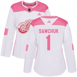 Womens Detroit Red Wings #1 Terry Sawchuk Authentic White Pink Fashion NHL Jersey
