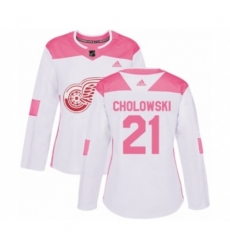 Womens Detroit Red Wings #21 Dennis Cholowski Authentic White Pink Fashion NHL Jersey