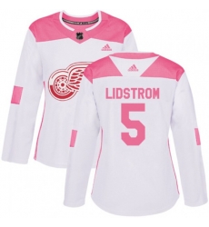 Womens Detroit Red Wings #5 Nicklas Lidstrom Authentic White Pink Fashion NHL Jersey