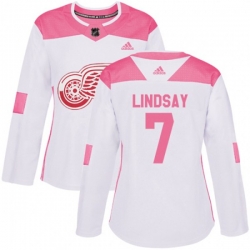 Womens Detroit Red Wings #7 Ted Lindsay Authentic White Pink Fashion NHL Jersey