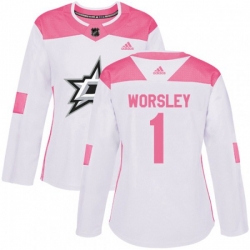 Womens Dallas Stars #1 Gump Worsley Authentic White Pink Fashion NHL Jersey
