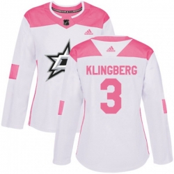 Womens Dallas Stars #3 John Klingberg Authentic White Pink Fashion NHL Jersey