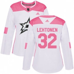 Womens Dallas Stars #32 Kari Lehtonen Authentic White Pink Fashion NHL Jersey