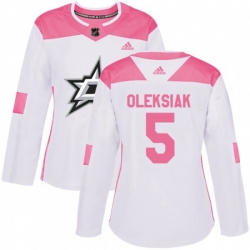 Womens Dallas Stars #5 Jamie Oleksiak Authentic White Pink Fashion NHL Jersey