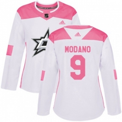 Womens Dallas Stars #9 Mike Modano Authentic White Pink Fashion NHL Jersey