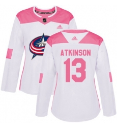 Womens Columbus Blue Jackets #13 Cam Atkinson Authentic White Pink Fashion NHL Jersey