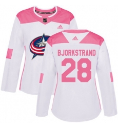 Womens Columbus Blue Jackets #28 Oliver Bjorkstrand Authentic White Pink Fashion NHL Jersey